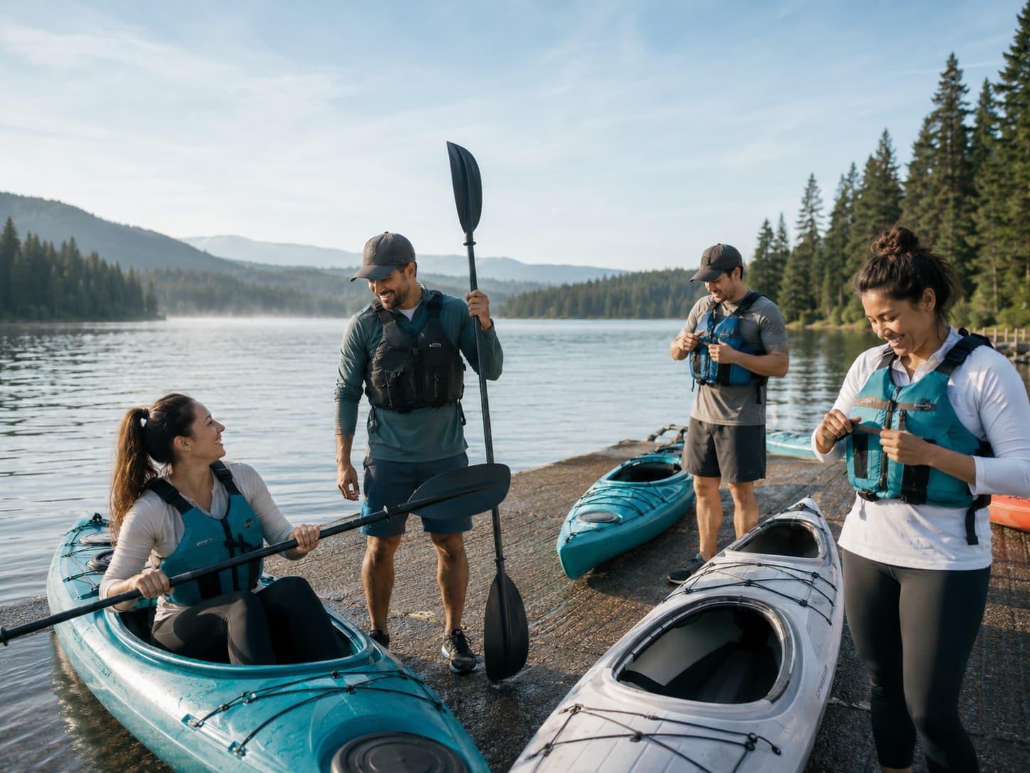 Small group of paddlers preparing kayaks and paddles at a lakeside dock
