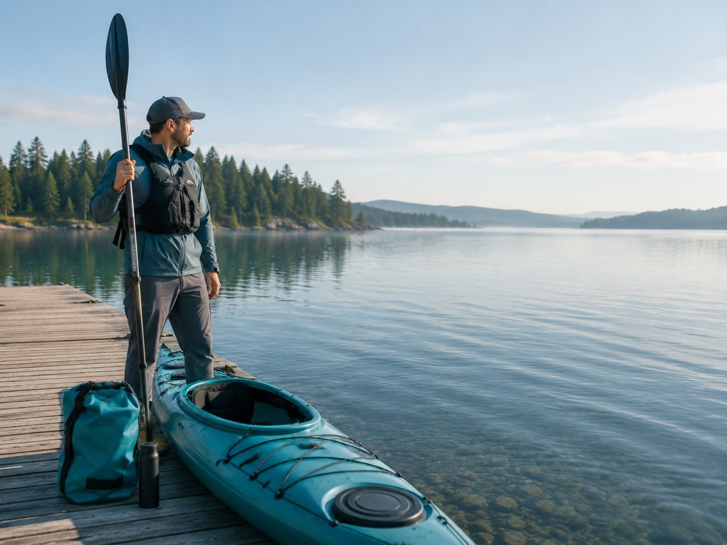 Experienced paddler standing with a paddle beside a kayak on a calm dock