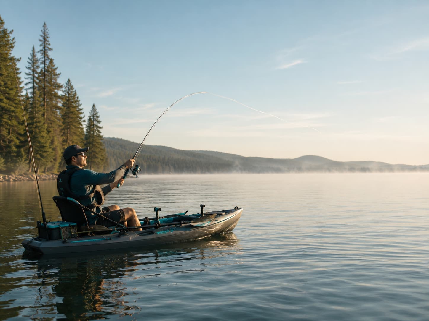 Angler casting from a fishing kayak on a calm morning lake