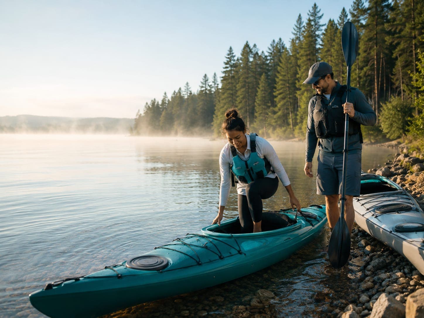 Two paddlers launching teal kayaks from a calm lakeshore at sunrise