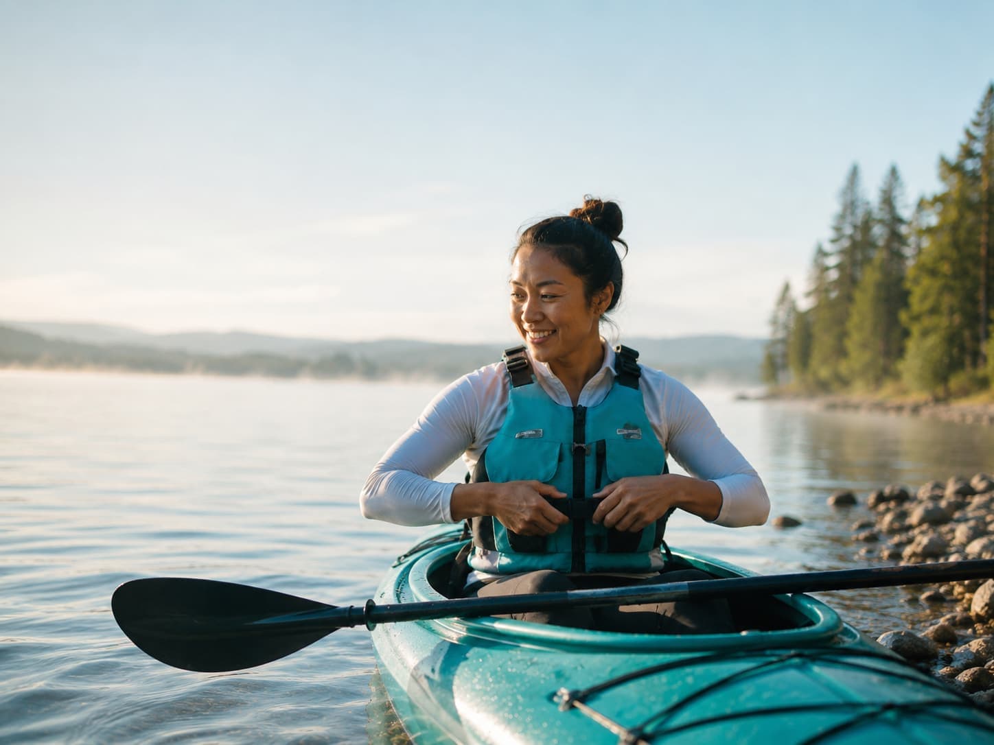 Paddler smiling while preparing a life vest in a teal kayak near shore