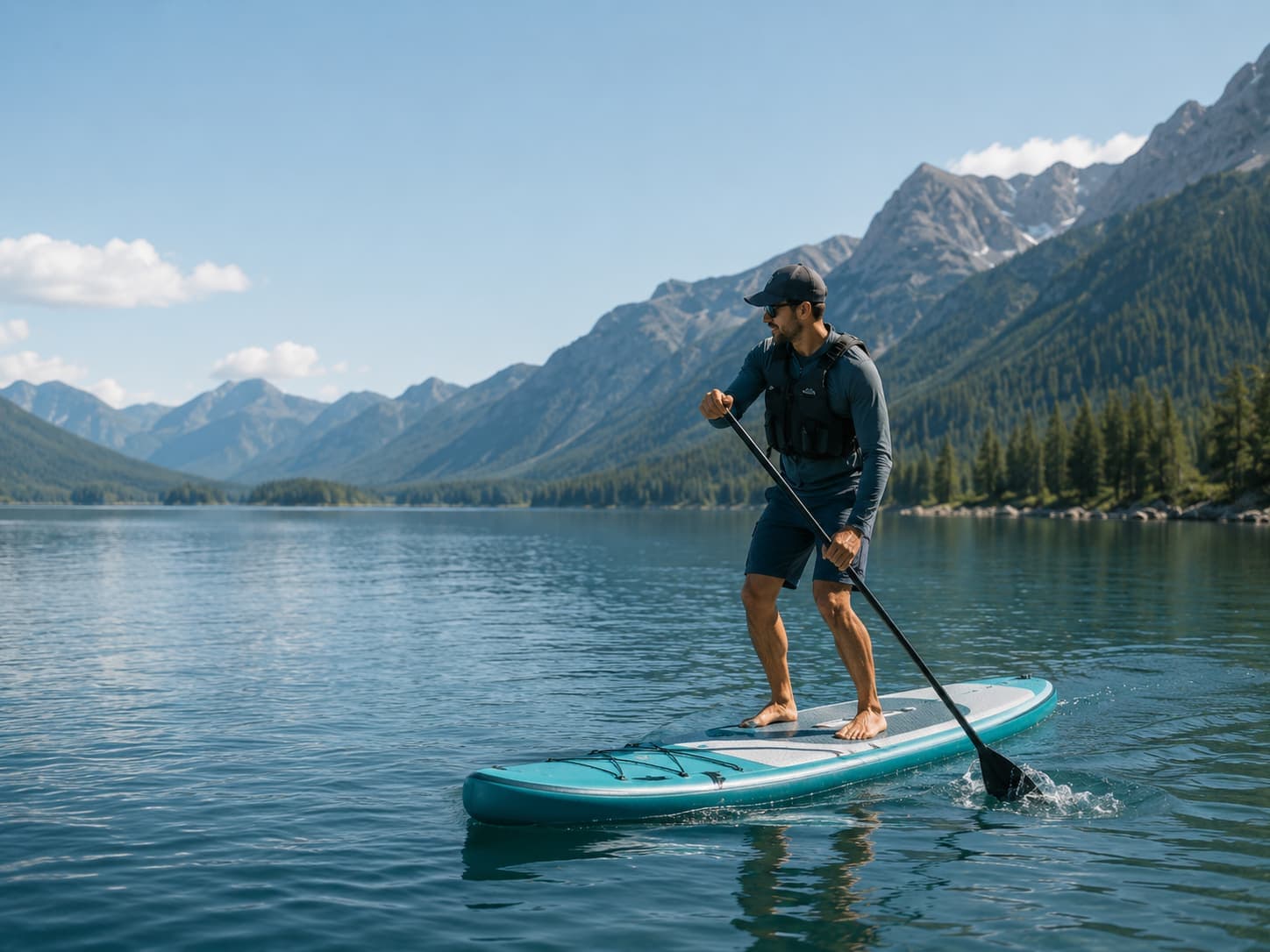 Paddleboarder gliding across clear mountain lake water