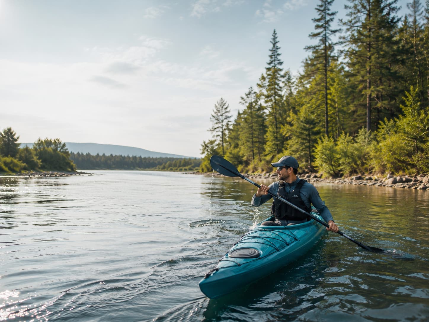 Solo kayaker paddling a teal kayak along a quiet forest river bend