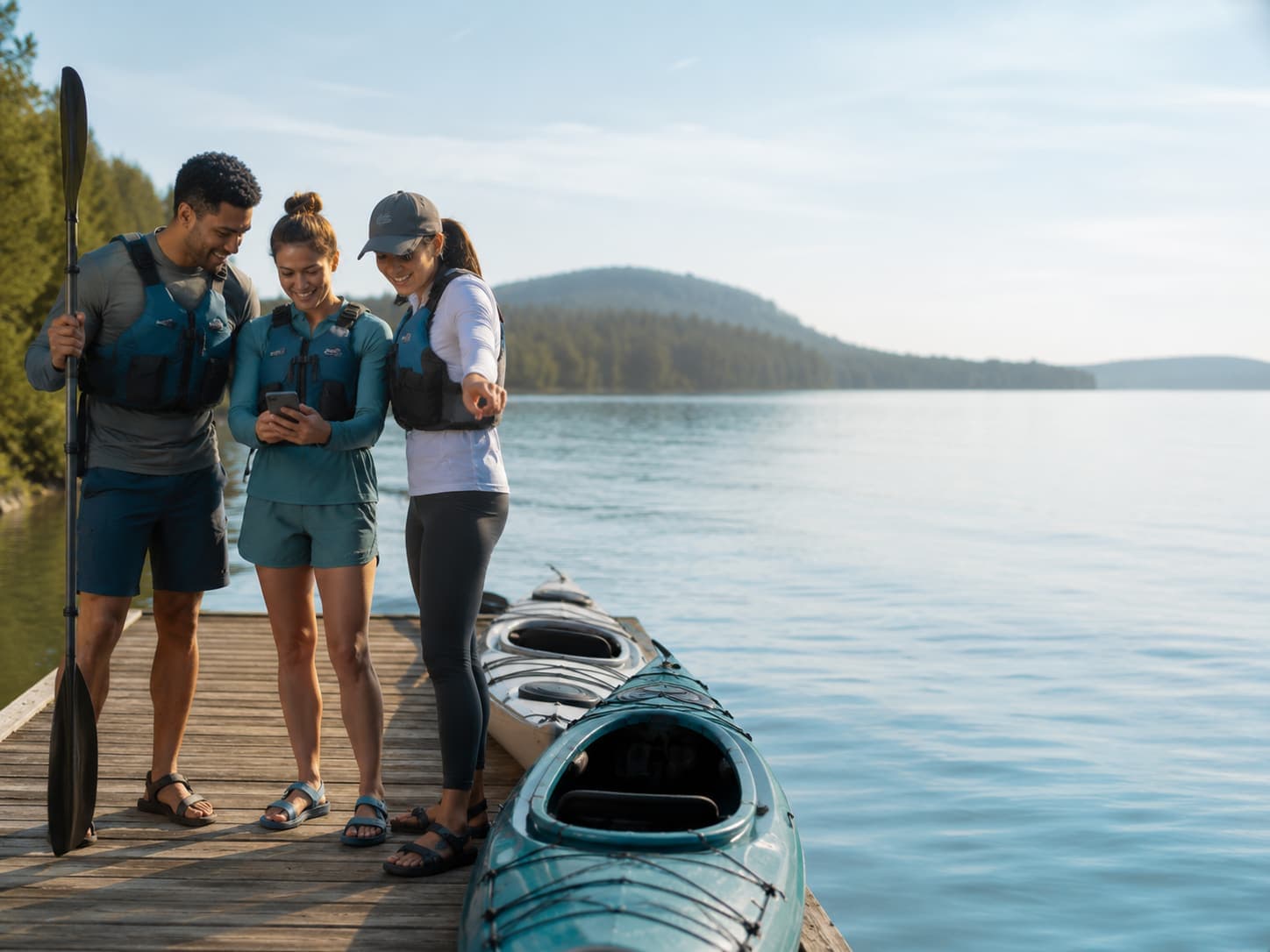 Three paddlers planning a lake route on a dock beside kayaks