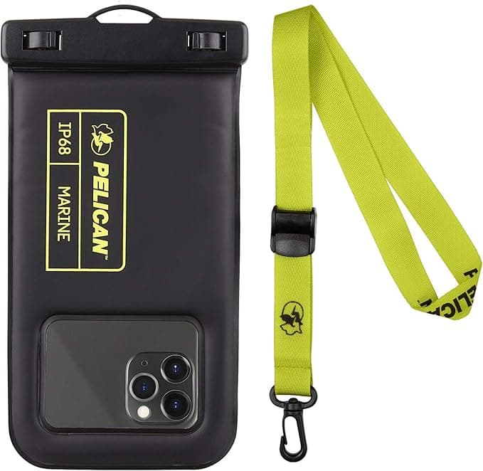 Pelican Marine - IP68 Waterproof Phone Pouch / Case (Regular Size) - Floating Waterproof Phone Case For iPhone 14 Pro Max/ 13 Pro Max/ 12 Pro Max/ 11/ S22 Ultra - Detachable Lanyard - Black/Yellow