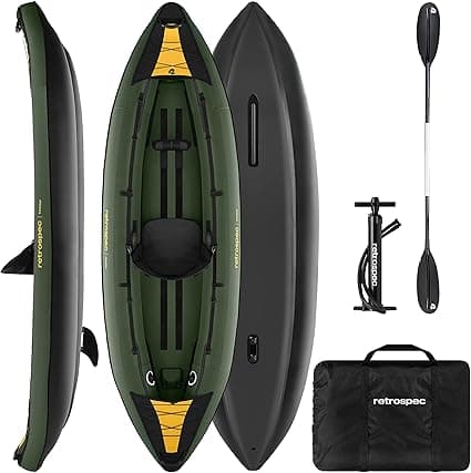 Retrospec Coaster 1 & 2 Person Inflatable Kayak - Portable 600-Denier Ripstop Polyester Blow up Kayak - Includes Double-Sided Paddle, Hand Pump & Carrying Bag