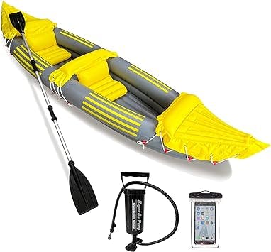 2 Person Inflatable Kayak: Foldable, Yellow, Professional Series, Aluminum Paddle