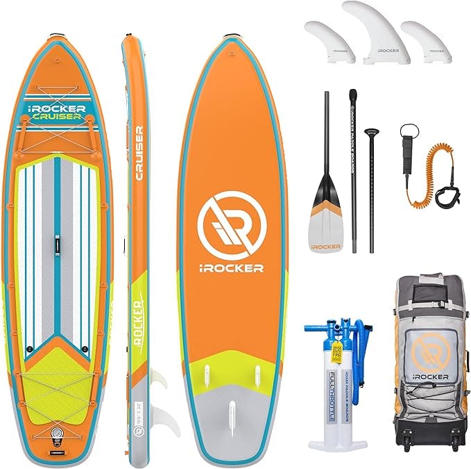 iROCKER Cruiser Inflatable Stand Up Paddle Board, Extremely Stable 10'6" Long 33" Wide 6" Thick Premium SUP with Roller Bag, Carbon Paddle, Pump, Leash, Fins & Repair Kit